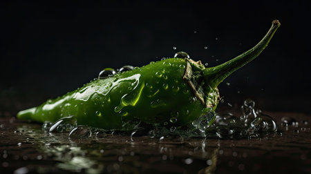 Green Chili hit by splashes of water with black blur backgroundの素材