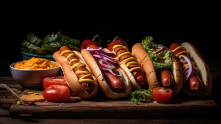 close up hotdog with full ingredients and mayonnaise on wood plate and blurred backgroundの素材