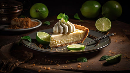 close up sweet lime pie with sliced lime fruit blur backgroundの素材
