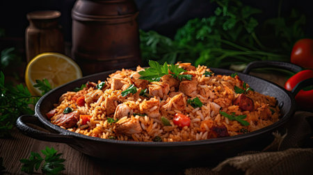 fried rice on ceramic bowl full of prawns and sausages with blurred backgroundの素材