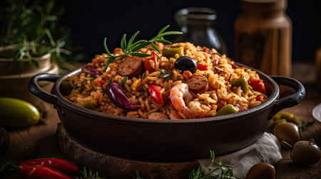 fried rice on ceramic bowl full of prawns and sausages with blurred backgroundの素材