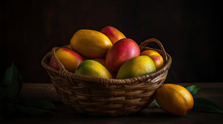 Close-up Fresh Mango fruits in a bamboo basket with blurred backgroundの素材