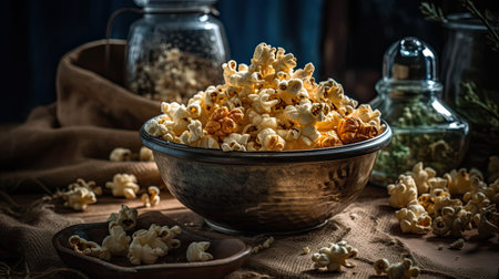Closeup Popcorn in a bowl with a blurred backgroundの素材
