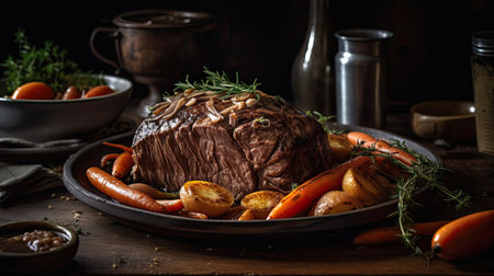 Closeup of pot roast full of vegetables on a bowl with blurred backgroundの素材