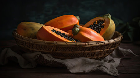 Fresh Papaya Fruits in a bamboo basket with blur backgroundの素材
