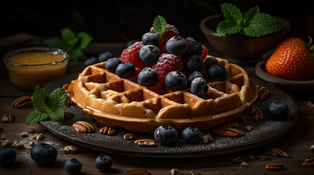 Closeup of sweet Waffles Topped with blueberries and red berries on a blurred backgroundの素材
