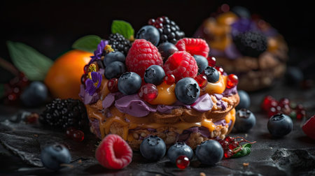 Sweet Dessert with a sprinkling of strawberry blueberries and chocolate with a blurry backgroundの素材