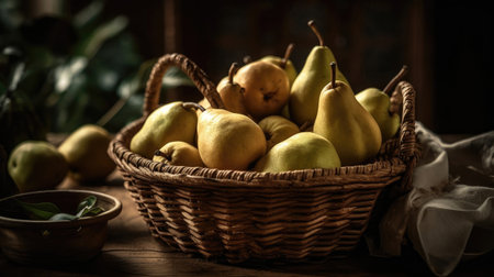 Closeup Pear fruits in the bamboo basket with blur backgroundの素材