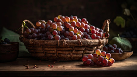 Closeup Grape fruits on bamboo basket with blurred backgroundの素材