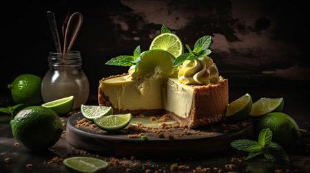 Lime Pie with sliced lime fruit blur backgroundの素材