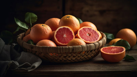 Grapefruits in a bamboo basket on a black backgroundの素材