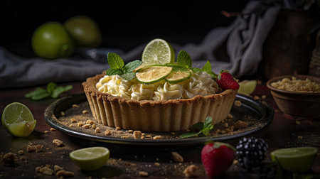 Lime Pie with sliced lime fruit blur backgroundの素材