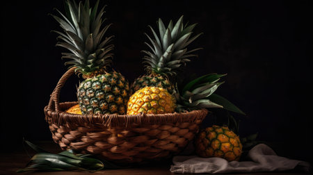 Closeup Pineapple Fruits in a bamboo basket with blur backgroundの素材