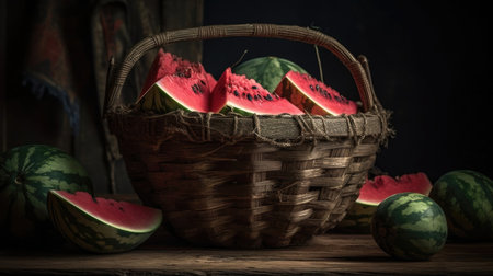 Watermelon in a bamboo basket with blurred backgroundの素材