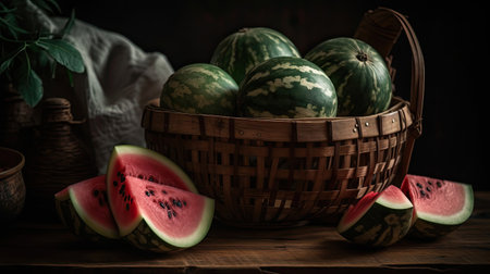 Watermelon in a bamboo basket with blurred backgroundの素材