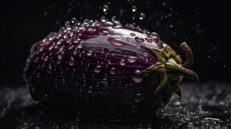 Eggplant hit by splashes of water with black blur backgroundの素材