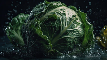 Cabbage hit by splashes of water with black blur backgroundの素材