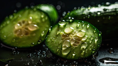 Cucumber hit by splashes of water with black blur backgroundの素材