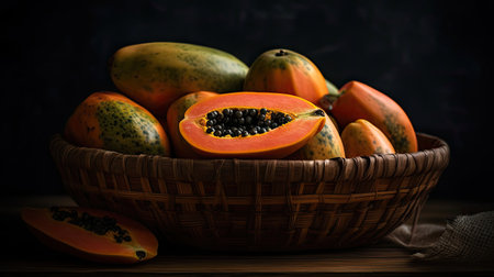 Papaya Fruits in a bamboo basket with blur backgroundの素材