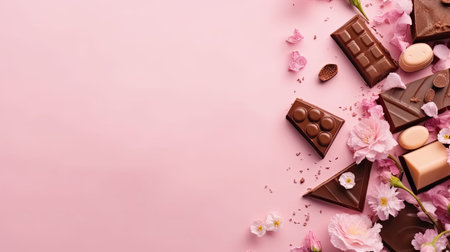 Beautiful Top View of Valentine day banner design of chocolate and pink flower sprinklesの素材
