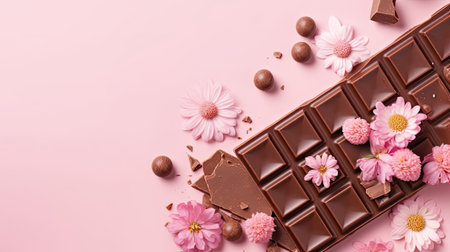 Beautiful Top View of Valentine day banner design of chocolate and pink flower sprinklesの素材