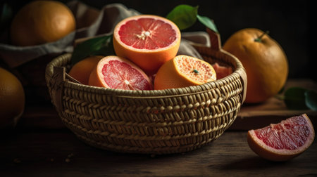 Grapefruits in a bamboo basket on a black backgroundの素材