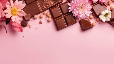 Beautiful Top View of Valentine day banner design of chocolate and pink flower sprinklesの素材