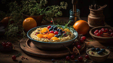 Close up grifts food with fruit toppings in ceramic bowl with blurred backgroundの素材