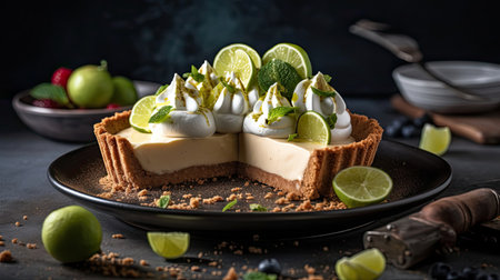 close up sweet lime pie with sliced lime fruit blur backgroundの素材