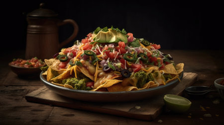 close up nachos full of chunks of vegetables with blurred backgroundの素材