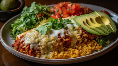 Closeup new mexican flat enchiladas with vegetable chunks and blurred backgroundの素材