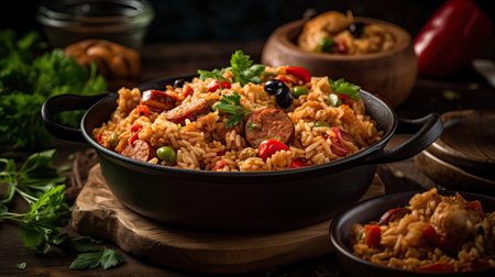 fried rice on ceramic bowl full of prawns and sausages with blurred backgroundの素材