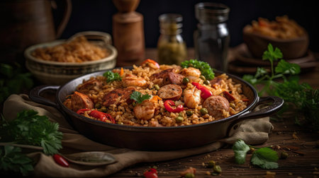 fried rice on ceramic bowl full of prawns and sausages with blurred backgroundの素材