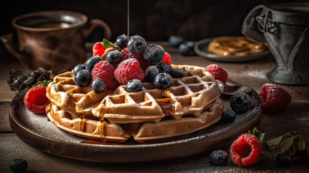 Closeup of sweet Waffles Topped with blueberries and red berries on a blurred backgroundの素材