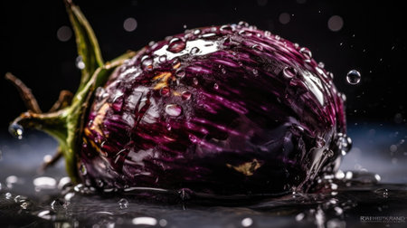 Eggplant hit by splashes of water with black blur backgroundの素材