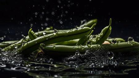 French Beans hit by splashes of water with black background and blurの素材