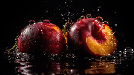 Closeup Nectarine hit by splashes of water with black blur backgroundの素材