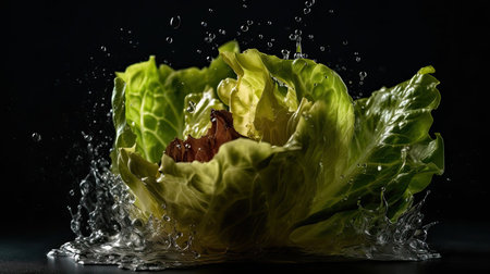 Fresh Green Lettuce hit by splashes of water with black blur backgroundの素材