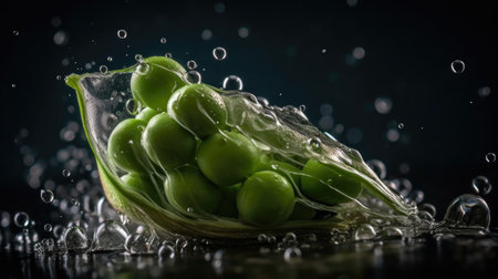Fresh Green Pea hit by splashes of water with black blur backgroundの素材