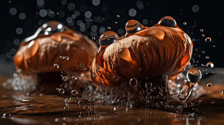 Closeup Mushroom hit by splashes of water with black blur backgroundの素材