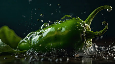 Green Chili hit by splashes of water with black blur backgroundの素材