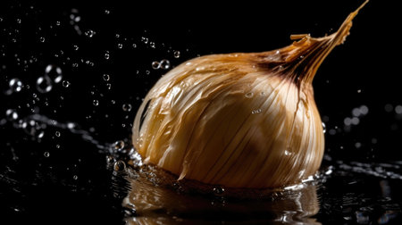 Closeup Onion hit by splashes of water with black blur backgroundの素材