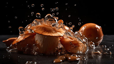 Closeup Mushroom hit by splashes of water with black blur backgroundの素材