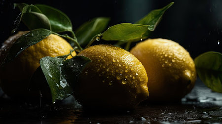 Fresh Lemon hit by splashes of water with black blur backgroundの素材