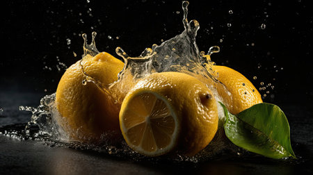 Fresh Lemon hit by splashes of water with black blur backgroundの素材