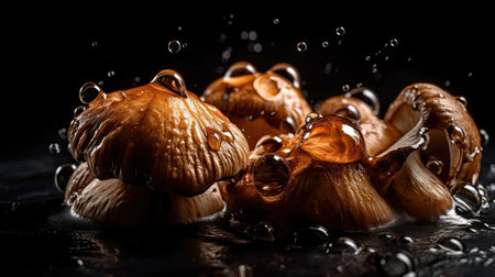 Closeup Mushroom hit by splashes of water with black blur backgroundの素材