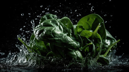 Closeup Fresh Green Spinach hit by splashes of water with black blur backgroundの素材