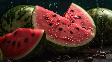 Closeup Watermelon hit by splashes of water with black blur backgroundの素材