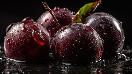 Fresh Plum hit by splashes of water with black blur backgroundの素材