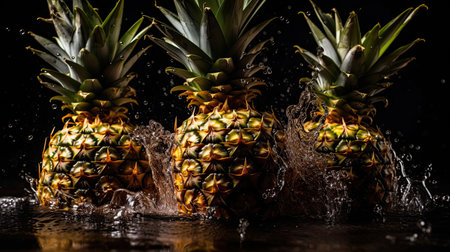 Fresh Pineapple hit by splashes of water with black blur backgroundの素材